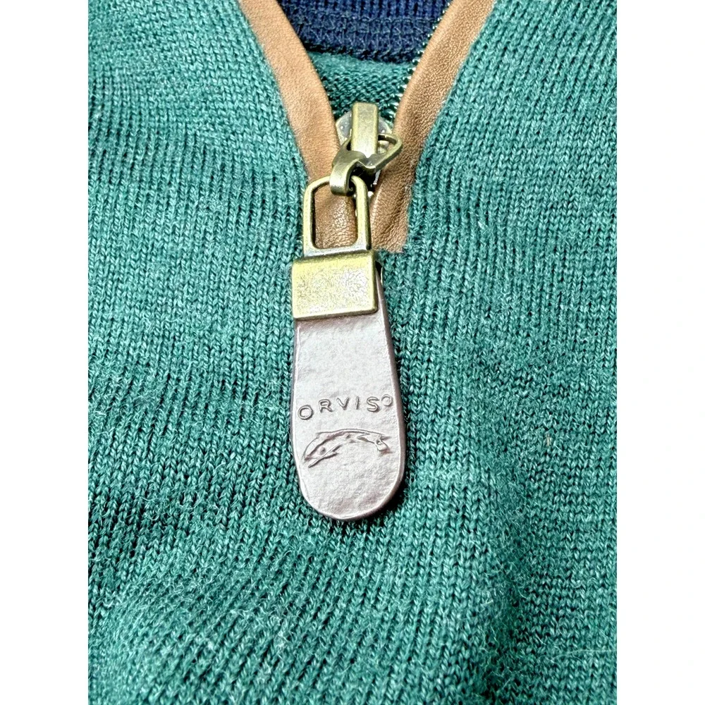 Orvis‎ 100% Merino Wool 1/4 Zip Sweater Men's XL Green Leather Trim Quiet Luxury